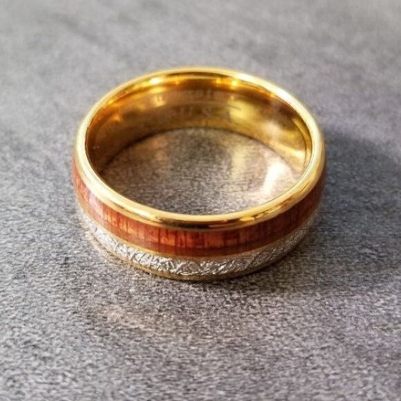 Men's Gold Meteor and Koa Wood Tungsten Wedding Ring - Wedding Ring For Him - Picture 4 of 7
